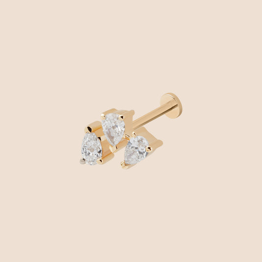 Triple Pear Diamond Crescent - Threaded Stud Earring - 14K Gold